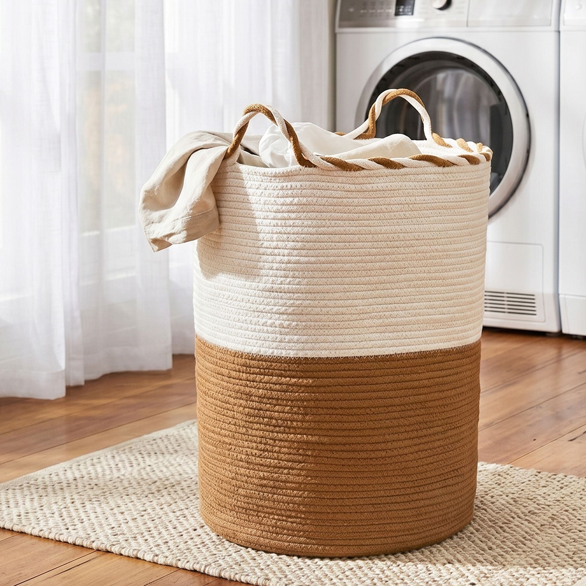 Woven Laundry Basket with handles Foldable White & Brown - Home & Garden > Laundry & Cleaning > Laundry Baskets - Rivercity House & Home Co. (ABN 18 642 972 209) - Affordable Modern Furniture Australia