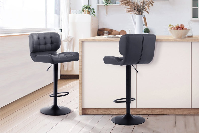 2 x Kitchen Bar Stools Gas Lift Plush PU Leather - Black and Grey - Rivercity House & Home Co. (ABN 18 642 972 209) - Affordable Modern Furniture Australia