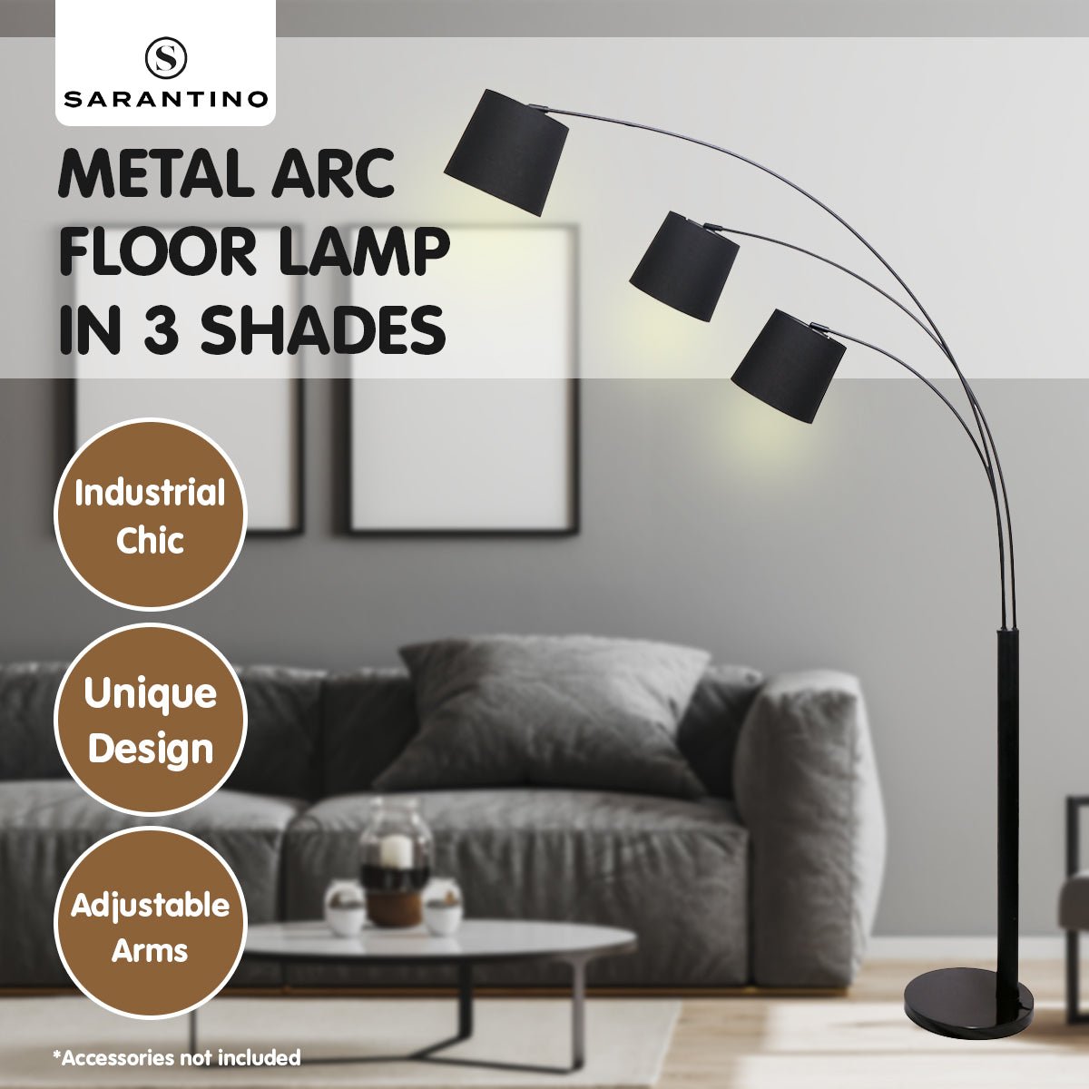 3-Light Arc Floor Lamp Adjustable Black 3 Shades - Home & Garden > Lighting - Rivercity House & Home Co. (ABN 18 642 972 209) - Affordable Modern Furniture Australia