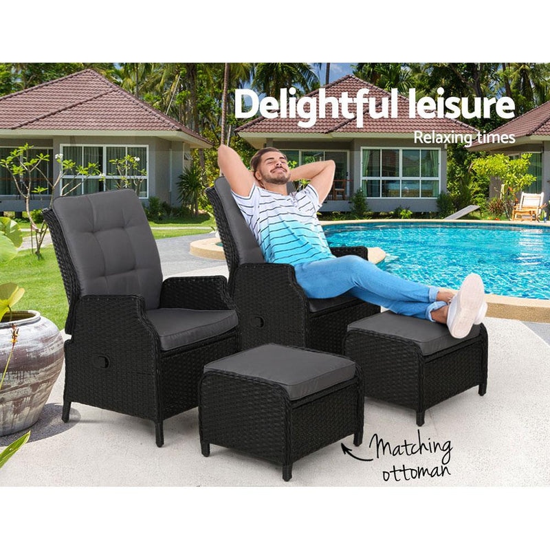 4 Piece Elizabeth Wicker Recliner Chairs with Ottomans (Black) - Rivercity House & Home Co. (ABN 18 642 972 209) - Affordable Modern Furniture Australia
