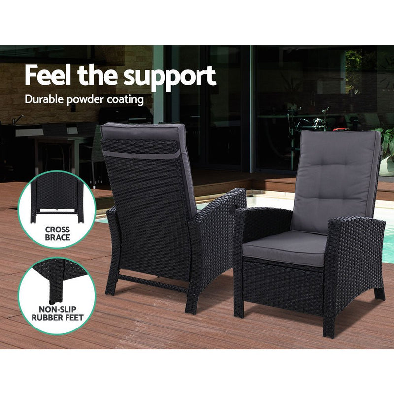 5 Piece Wicker Recliner Chairs and Table Package with Ottomans (Black) - Rivercity House & Home Co. (ABN 18 642 972 209) - Affordable Modern Furniture Australia