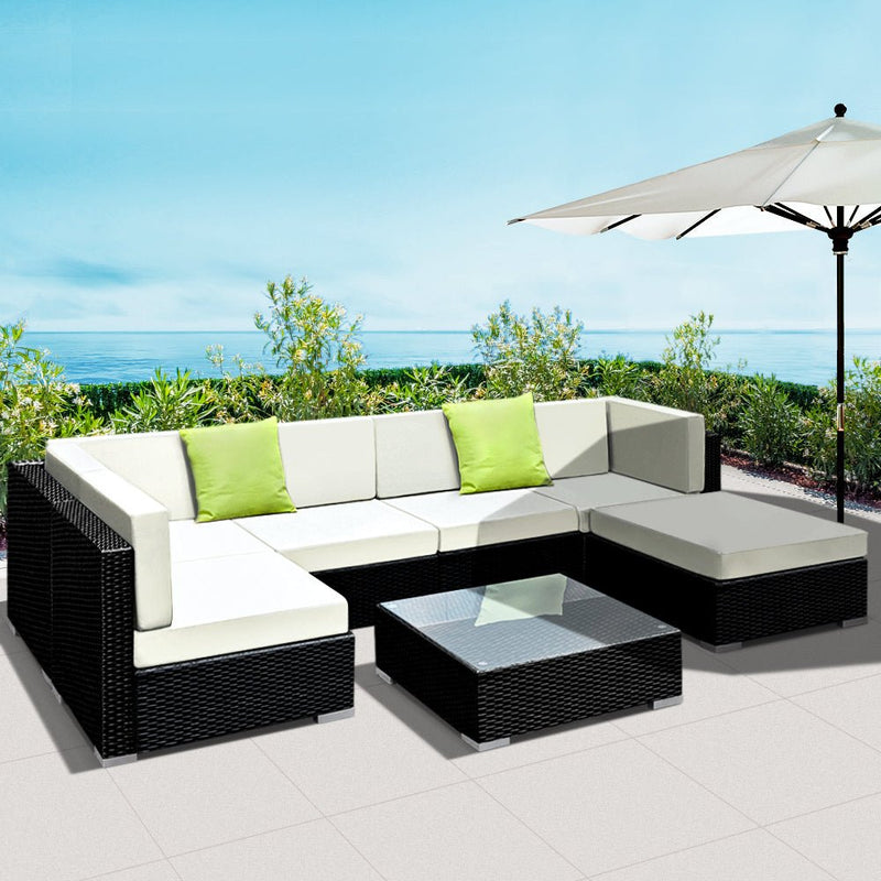 7 Piece Wicker Outdoor Lounge with Storage Cover - Beige - Rivercity House & Home Co. (ABN 18 642 972 209) - Affordable Modern Furniture Australia