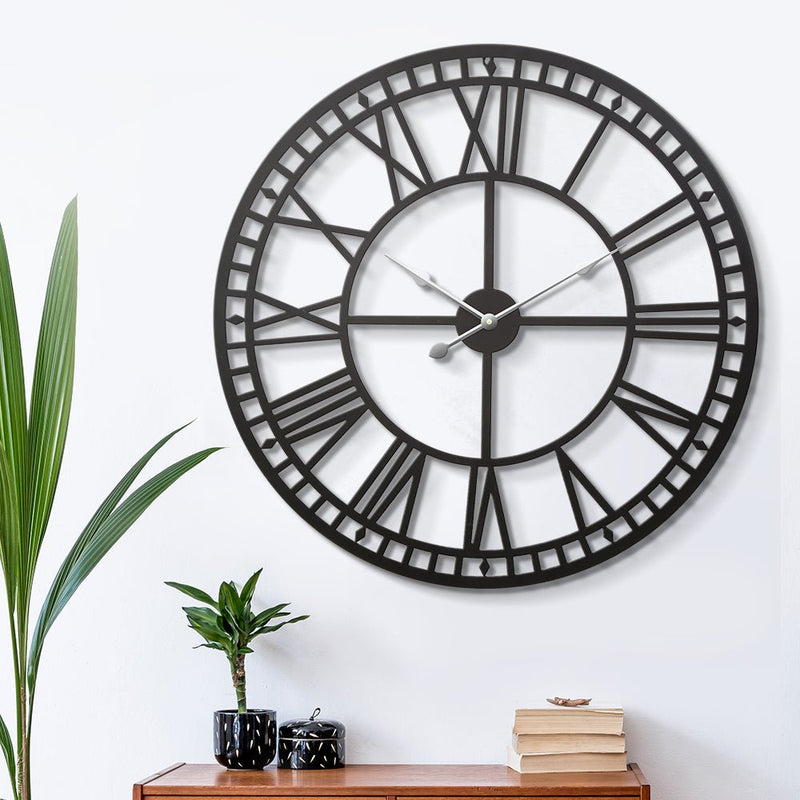 80CM Large Wall Clock Roman Numerals Round Metal Luxury Home Decor Black - Home & Garden > DIY - Rivercity House & Home Co. (ABN 18 642 972 209) - Affordable Modern Furniture Australia