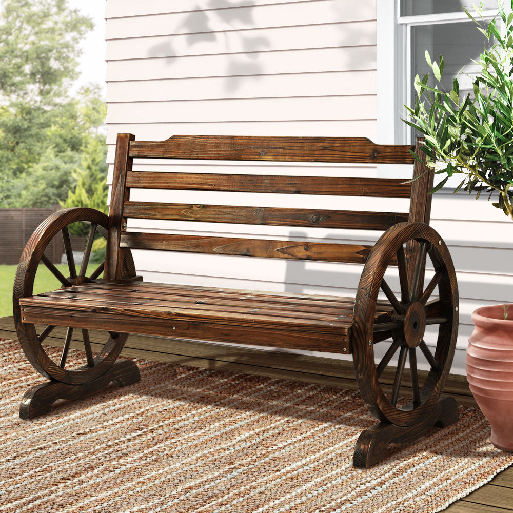 Rustic Wooden Wagon Wheel Garden Bench Seat Brown - Furniture > Outdoor - Rivercity House & Home Co. (ABN 18 642 972 209) - Affordable Modern Furniture Australia