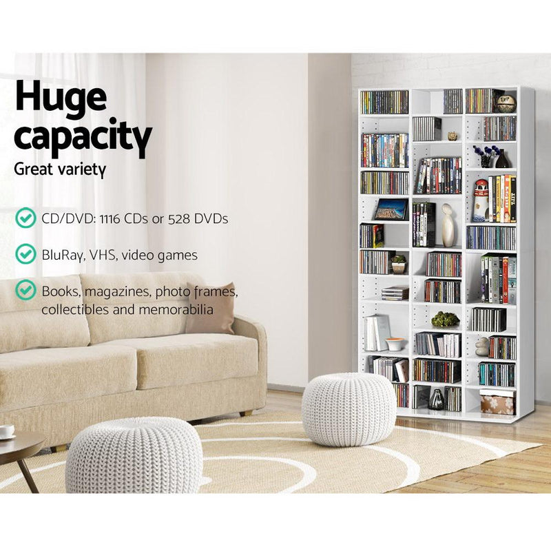 Adjustable Book / CD / DVD Storage Shelf Rack Unit - White - Rivercity House & Home Co. (ABN 18 642 972 209) - Affordable Modern Furniture Australia