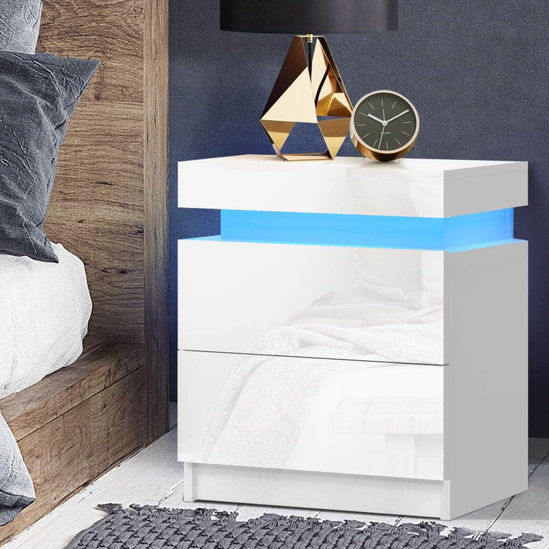 Ambient LED Bedside Table in White Gloss with Top Storage & 2 Drawers (RGB LED) - Furniture - Rivercity House & Home Co. (ABN 18 642 972 209) - Affordable Modern Furniture Australia