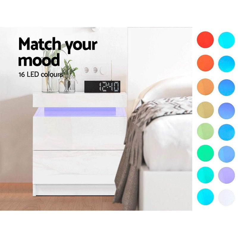 Ambient LED Bedside Table in White Gloss with Top Storage & 2 Drawers (RGB LED) - Furniture - Rivercity House & Home Co. (ABN 18 642 972 209) - Affordable Modern Furniture Australia