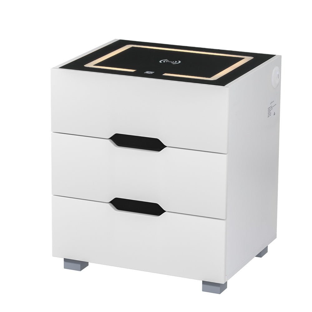 Artiss Smart Bedside Table 3 Drawers with Wireless Charging Ports LED