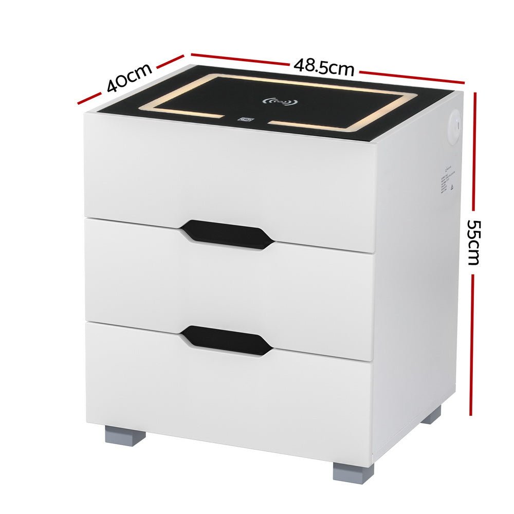 Smart LED 3 Drawer Bedside Table with Wireless Charging White - Furniture > Bedroom - Rivercity House & Home Co. (ABN 18 642 972 209) - Affordable Modern Furniture Australia