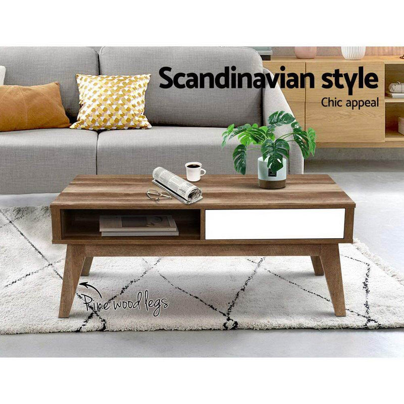 Coffee Table 2 Storage Drawers Open Shelf Scandinavian Wooden White - Rivercity House & Home Co. (ABN 18 642 972 209) - Affordable Modern Furniture Australia
