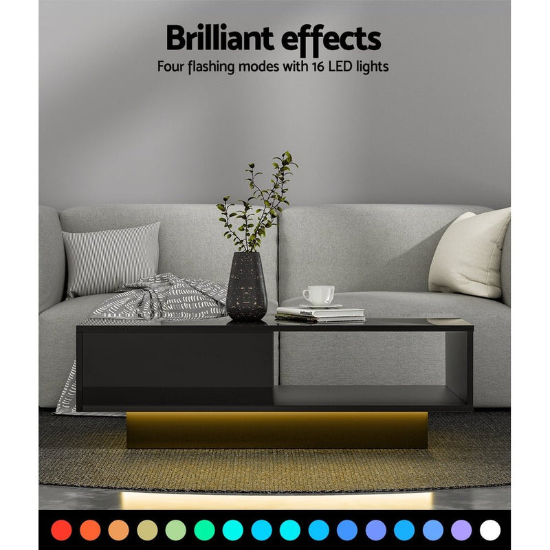 Coffee Table LED Lights High Gloss Storage Drawer Modern Furniture Black - Rivercity House & Home Co. (ABN 18 642 972 209) - Affordable Modern Furniture Australia