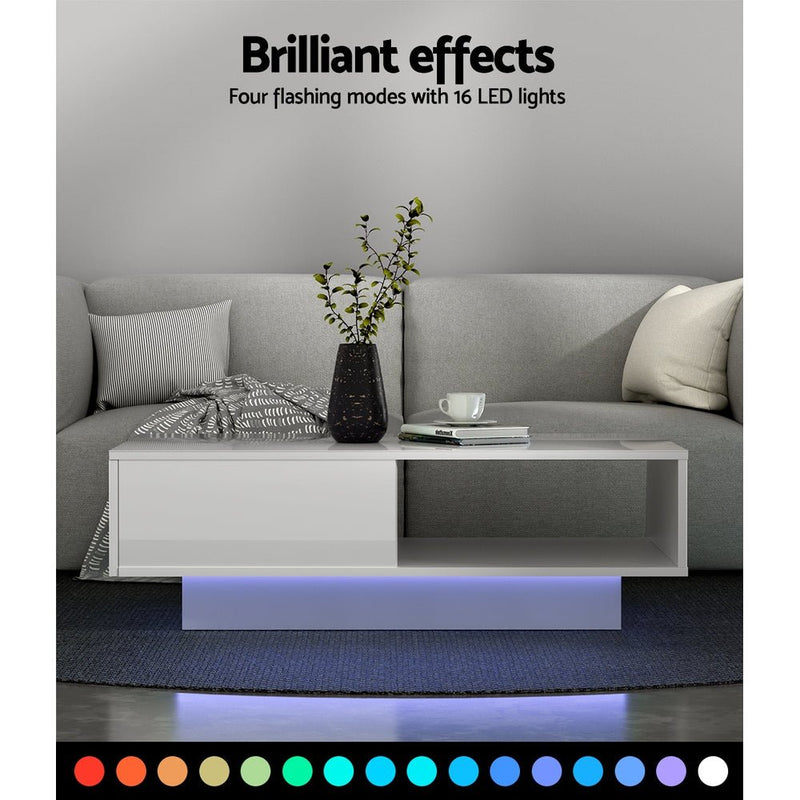 Coffee Table LED Lights High Gloss Storage Drawer Modern Furniture White - Rivercity House & Home Co. (ABN 18 642 972 209) - Affordable Modern Furniture Australia