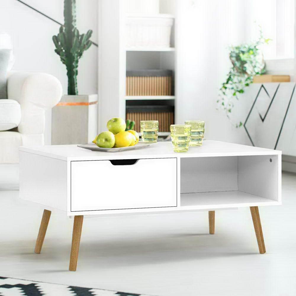 Coffee Table Storage Drawer Open Shelf Wooden Legs Scandinavian White - Rivercity House & Home Co. (ABN 18 642 972 209) - Affordable Modern Furniture Australia
