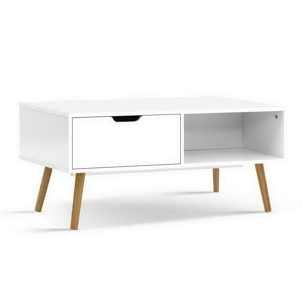 Coffee Table Storage Drawer Open Shelf Wooden Legs Scandinavian White - Rivercity House & Home Co. (ABN 18 642 972 209) - Affordable Modern Furniture Australia