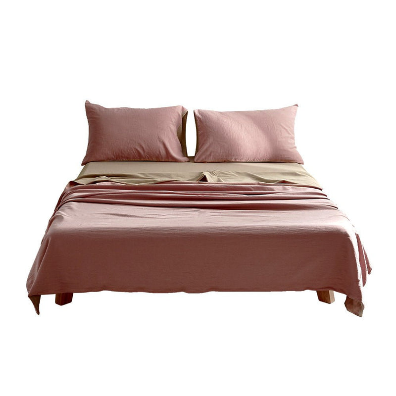 Deluxe Washed Cotton Sheet Set Pink Brown Double - Home & Garden > Bedding - Rivercity House & Home Co. (ABN 18 642 972 209) - Affordable Modern Furniture Australia