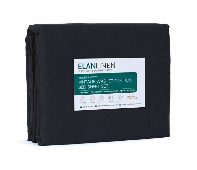 Elan Linen 100% Egyptian Cotton Vintage Washed 500TC Charcoal 50 cm Deep Mega Queen SIze Bed Sheets Set - Rivercity House & Home Co. (ABN 18 642 972 209) - Affordable Modern Furniture Australia