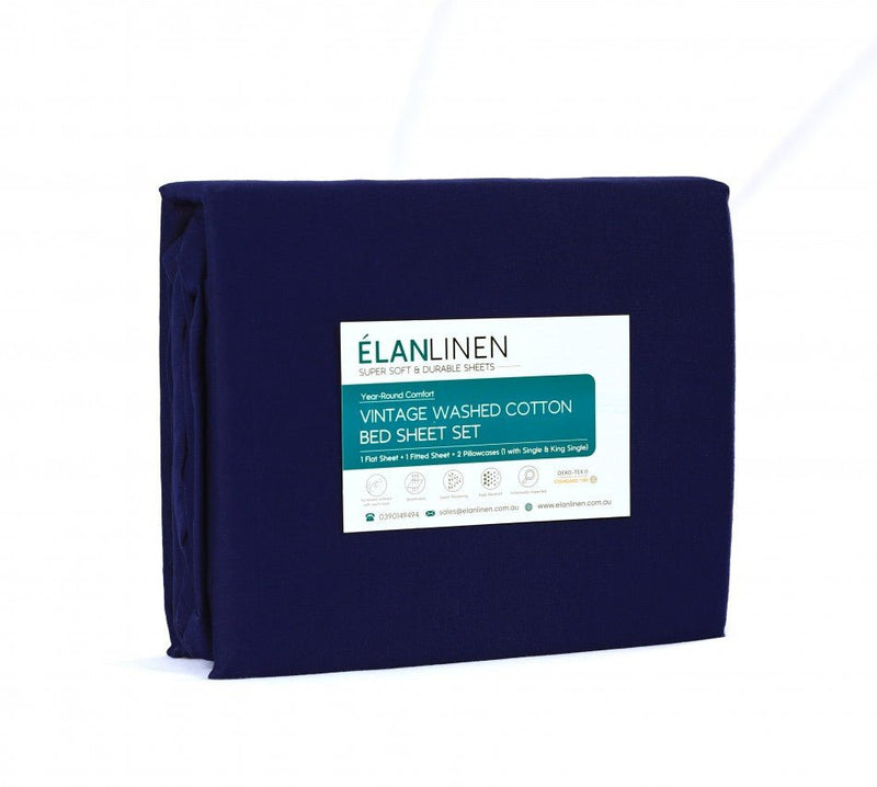 Elan Linen 100% Egyptian Cotton Vintage Washed 500TC Navy Blue Double Bed Sheets Set - Rivercity House & Home Co. (ABN 18 642 972 209) - Affordable Modern Furniture Australia