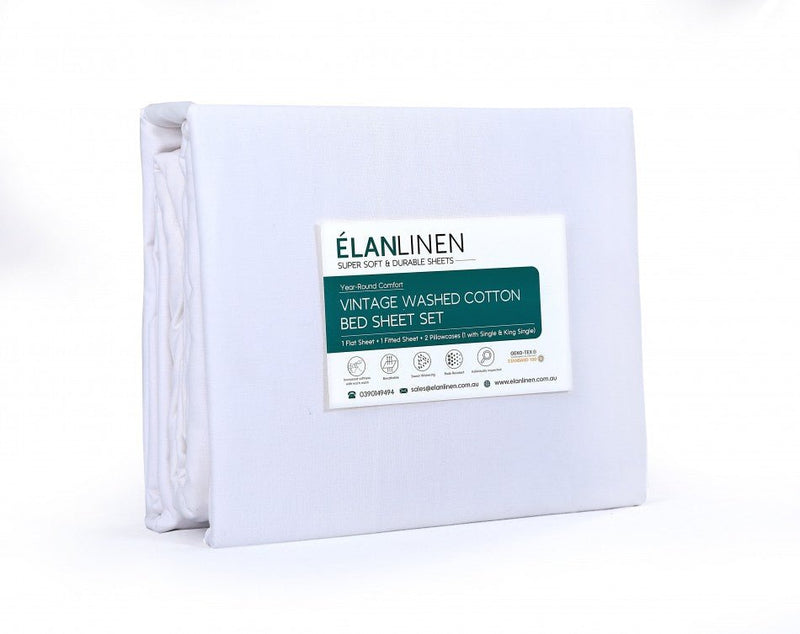 Elan Linen 100% Egyptian Cotton Vintage Washed 500TC White 50cm Deep Mega Queen Bed Sheets Set - Rivercity House & Home Co. (ABN 18 642 972 209) - Affordable Modern Furniture Australia
