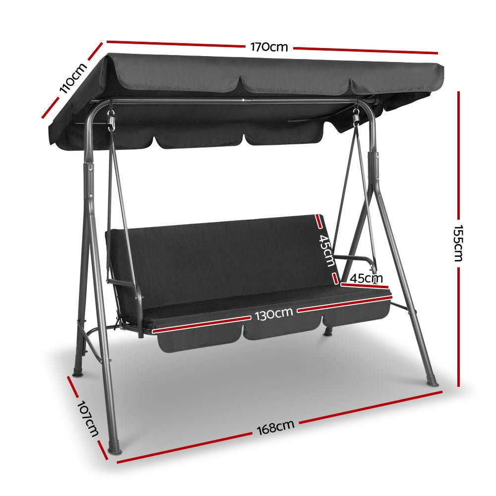 Outdoor Swing Chair Garden Bench Furniture Canopy 3 Seater Black - Home & Garden > Garden Furniture - Rivercity House & Home Co. (ABN 18 642 972 209) - Affordable Modern Furniture Australia