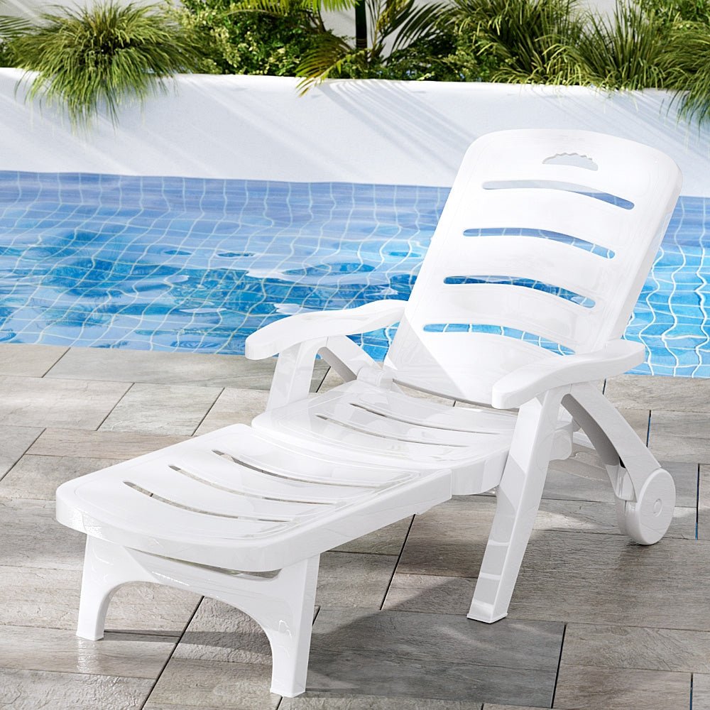Folding Plastic Sun Lounger With Chaise White - Furniture > Outdoor - Rivercity House & Home Co. (ABN 18 642 972 209) - Affordable Modern Furniture Australia