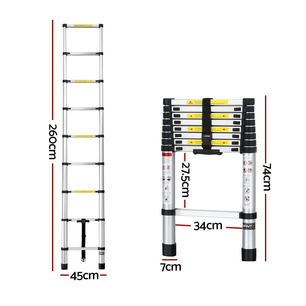 Giantz 2.6M Telescopic Ladder Aluminium Extension Extendable Steps Adjustable Height - Tools > Other Tools - Rivercity House & Home Co. (ABN 18 642 972 209) - Affordable Modern Furniture Australia