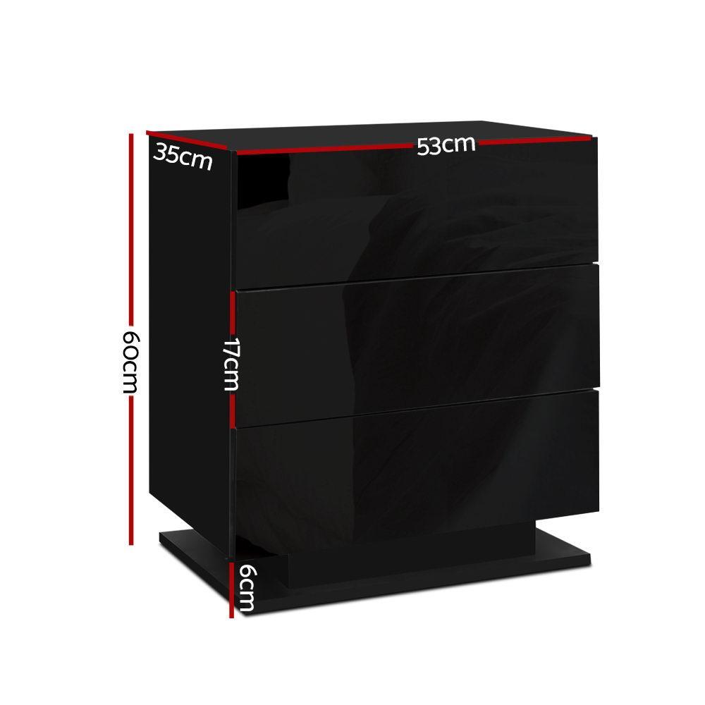 LED Light Bedside Table with 3 Drawers Gloss Black - Rivercity House & Home Co. (ABN 18 642 972 209) - Affordable Modern Furniture Australia