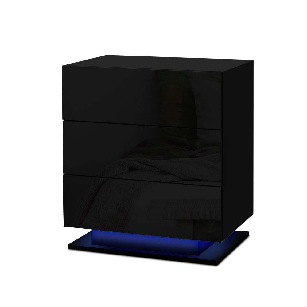 LED Light Bedside Table with 3 Drawers Gloss Black - Rivercity House & Home Co. (ABN 18 642 972 209) - Affordable Modern Furniture Australia