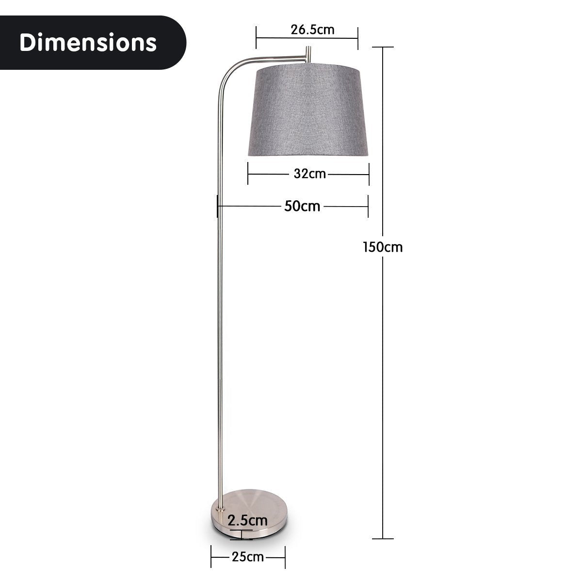 Metal Task Floor Lamp Nickel Finish with Grey Fabric Shade - Home & Garden > Lighting - Rivercity House & Home Co. (ABN 18 642 972 209) - Affordable Modern Furniture Australia