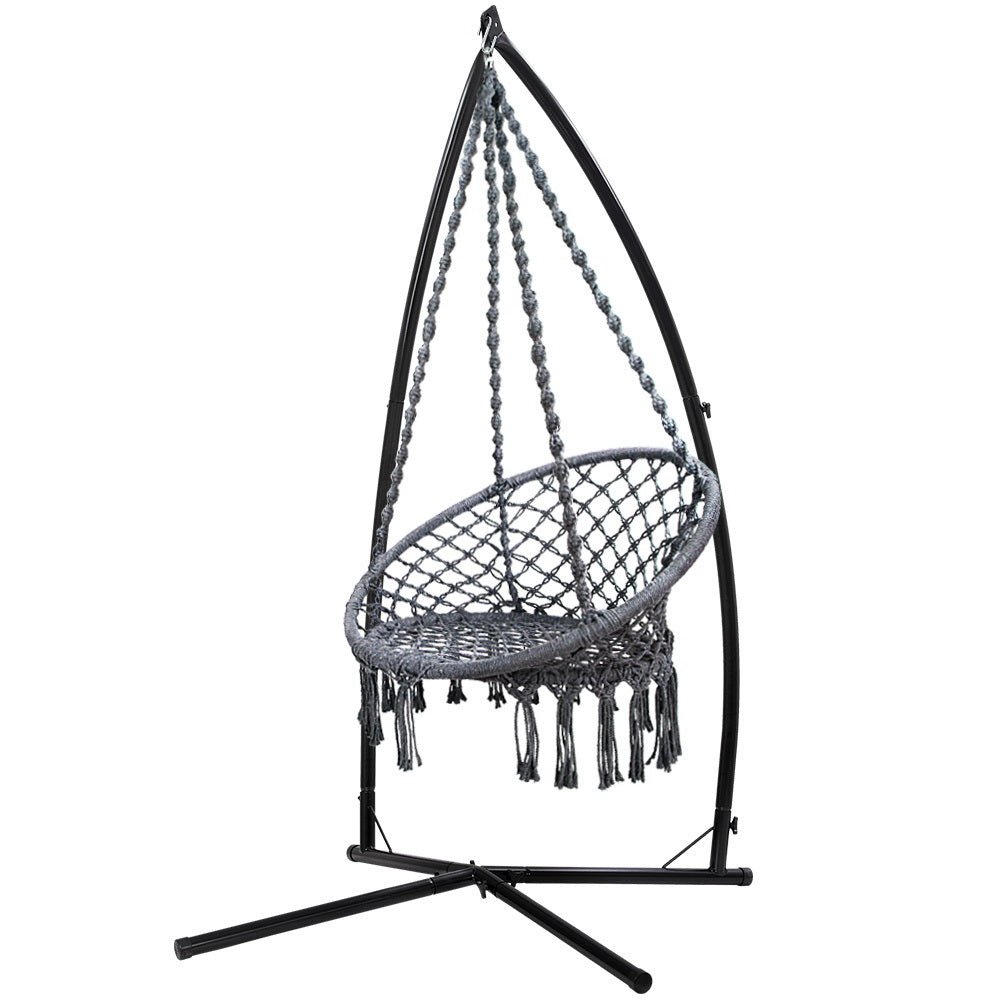 Outdoor Hammock Chair with Steel Stand Cotton Swing Hanging 124CM Grey - Furniture > Outdoor - Rivercity House & Home Co. (ABN 18 642 972 209) - Affordable Modern Furniture Australia