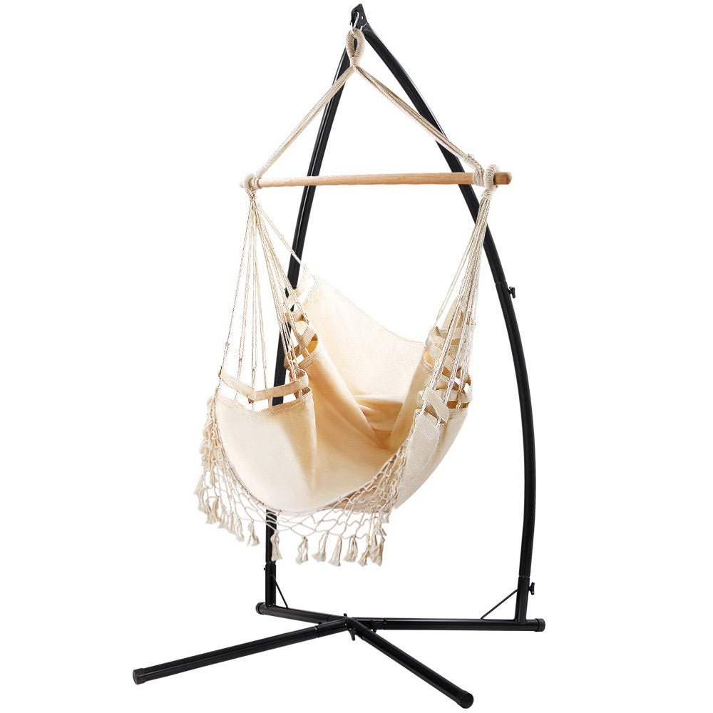 Outdoor Hammock Chair with Steel Stand Tassel Hanging Rope Hammock Cream - Furniture > Outdoor - Rivercity House & Home Co. (ABN 18 642 972 209) - Affordable Modern Furniture Australia