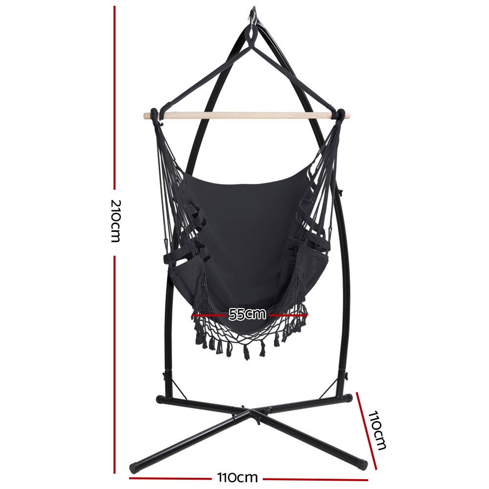 Outdoor Hammock Chair with Steel Stand Tassel Hanging Rope Hammock Grey - Furniture > Outdoor - Rivercity House & Home Co. (ABN 18 642 972 209) - Affordable Modern Furniture Australia