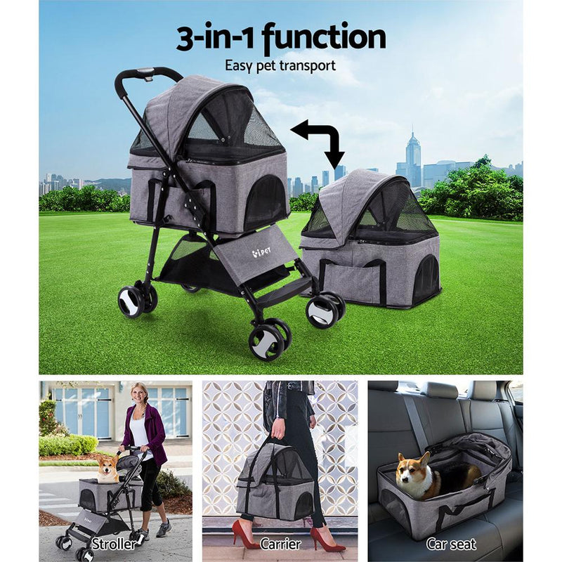 Pet Stroller Dog Carrier Foldable Pram 3 IN 1 Middle Size Grey - Pet Care - Rivercity House & Home Co. (ABN 18 642 972 209) - Affordable Modern Furniture Australia
