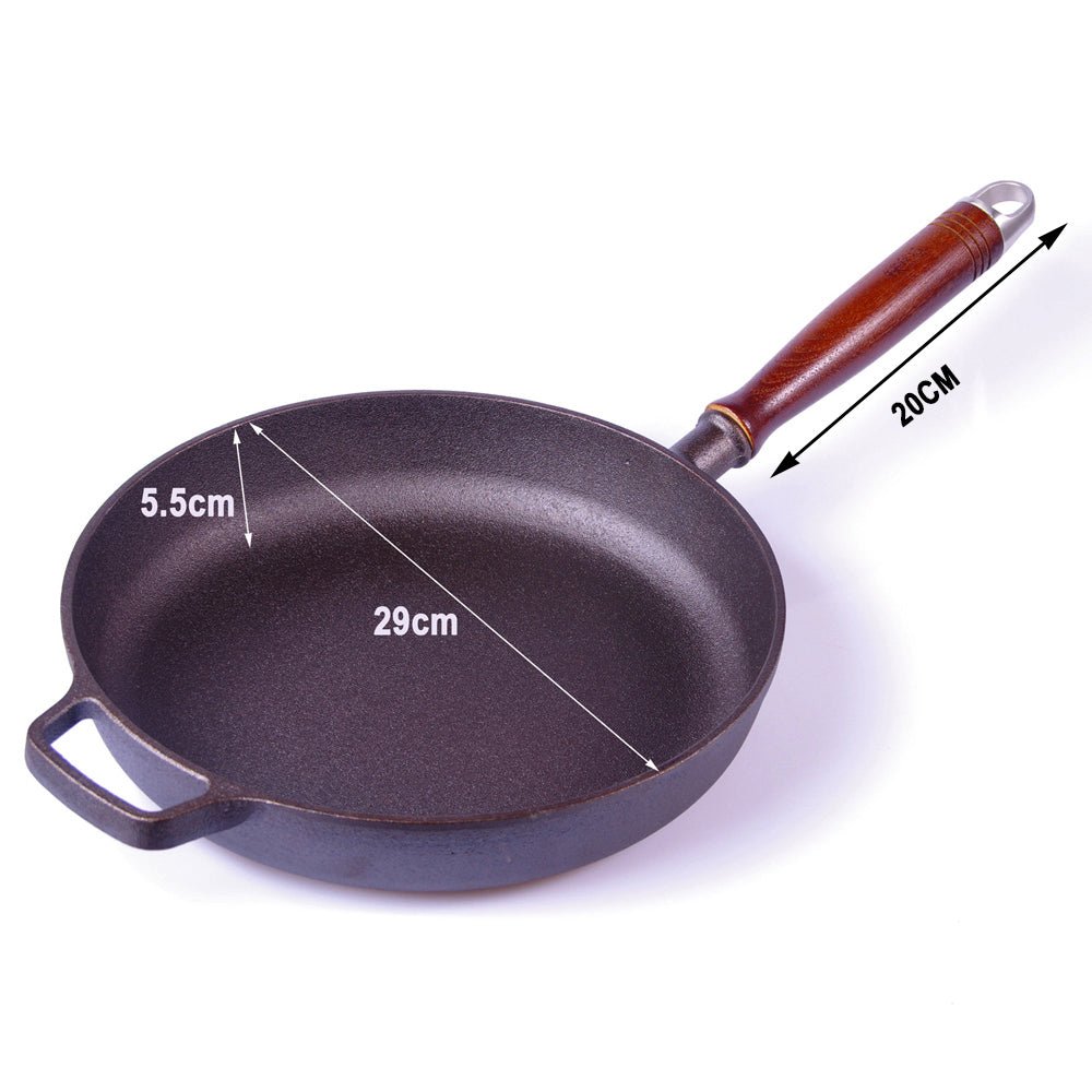 Pre-Seasoned 29cm Cast Iron Fry Pan Cookware Heat-Resistant Wooden Handle - Home & Garden > BBQ - Rivercity House & Home Co. (ABN 18 642 972 209) - Affordable Modern Furniture Australia