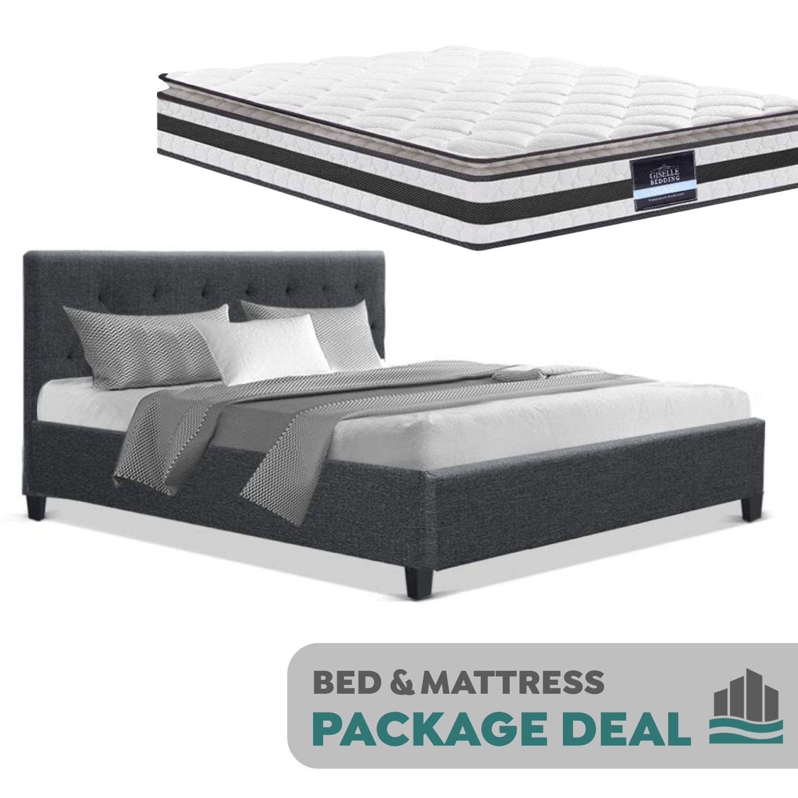 Queen Package | Agnes Bed Charcoal & Normay Pillow Top Mattress (Medium Firm) - Furniture > Bedroom - Rivercity House & Home Co. (ABN 18 642 972 209) - Affordable Modern Furniture Australia