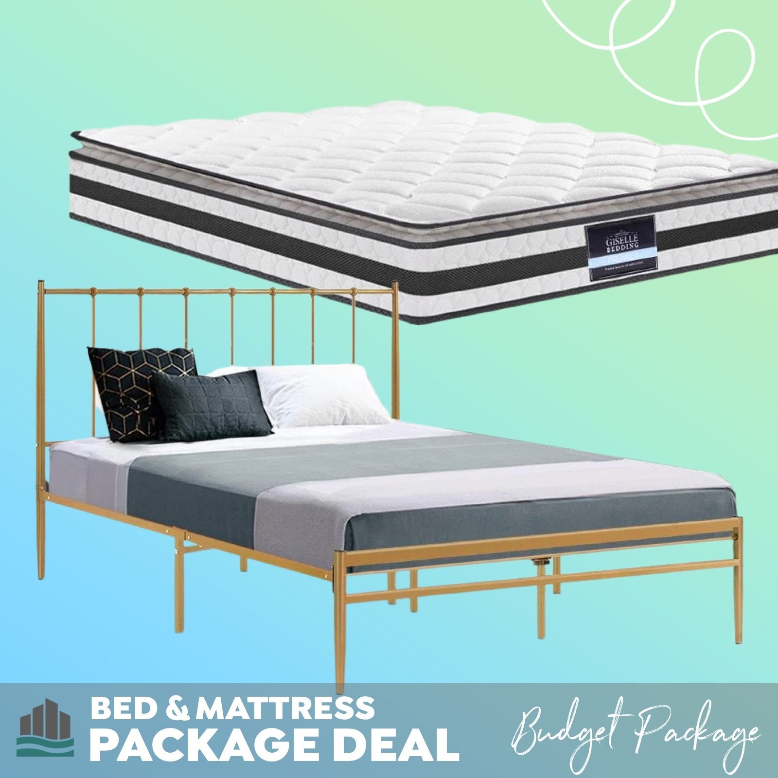 Queen Package | Amor Metal Bed Gold & Normay Pillow Top Mattress (Medium Firm) - Furniture > Bedroom - Rivercity House & Home Co. (ABN 18 642 972 209) - Affordable Modern Furniture Australia