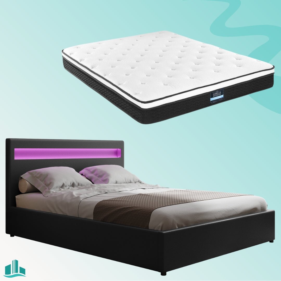 Queen Package | Wanda LED Storage Bed Black & Bonita Euro Top Mattress (Medium Firm) - Furniture > Bedroom - Rivercity House & Home Co. (ABN 18 642 972 209) - Affordable Modern Furniture Australia