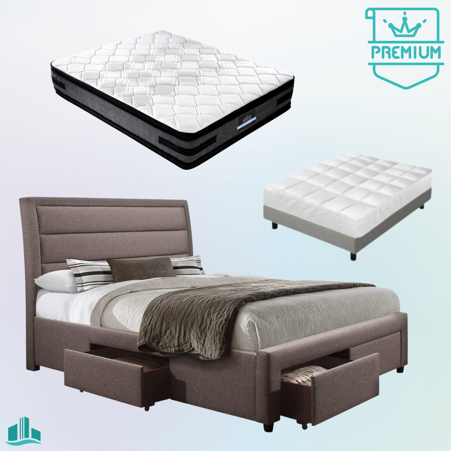 Queen Premium Package | Megan Bed Frame Light Grey, Luna Series Euro Top Mattress (Medium Firm) & Bamboo Mattress Topper! - Rivercity House & Home Co. (ABN 18 642 972 209) - Affordable Modern Furniture Australia