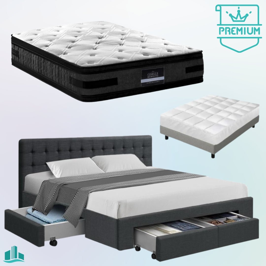 Queen Premium Package | Trinity Queen Bed Frame with Storage Charcoal, Luna Series Euro Top Mattress (Medium Firm) & Bamboo Mattress Topper! - Rivercity House & Home Co. (ABN 18 642 972 209) - Affordable Modern Furniture Australia