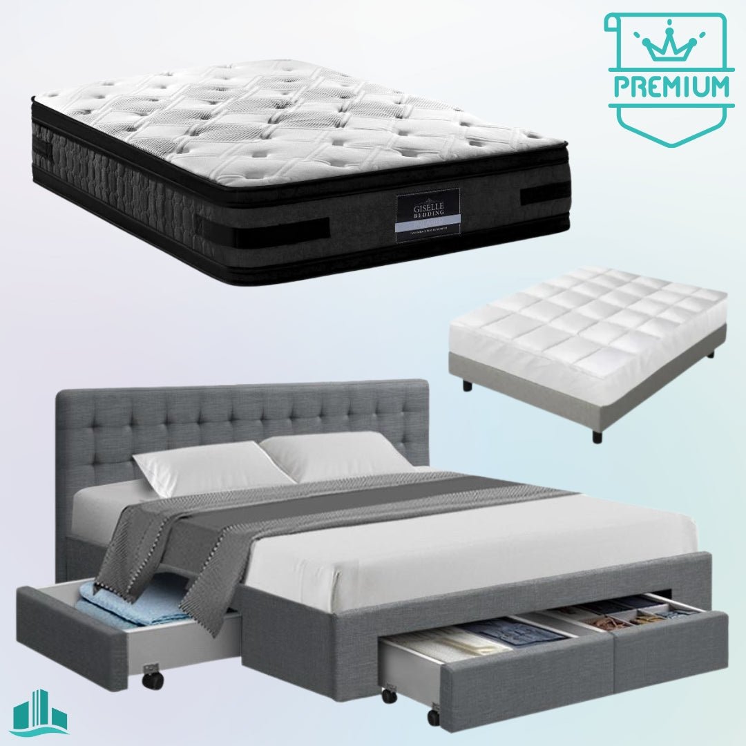 Queen Premium Package | Trinity Queen Bed Frame with Storage Grey, Luna Series Euro Top Mattress (Medium Firm) & Bamboo Mattress Topper! - Rivercity House & Home Co. (ABN 18 642 972 209) - Affordable Modern Furniture Australia