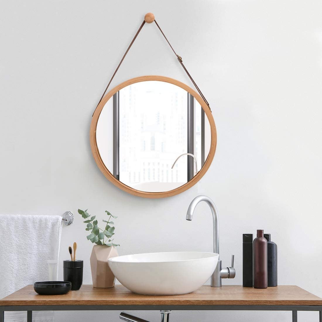 Round Wall Mirror 38 cm - Solid Bamboo Frame and Adjustable Leather Strap - Rivercity House & Home Co. (ABN 18 642 972 209) - Affordable Modern Furniture Australia
