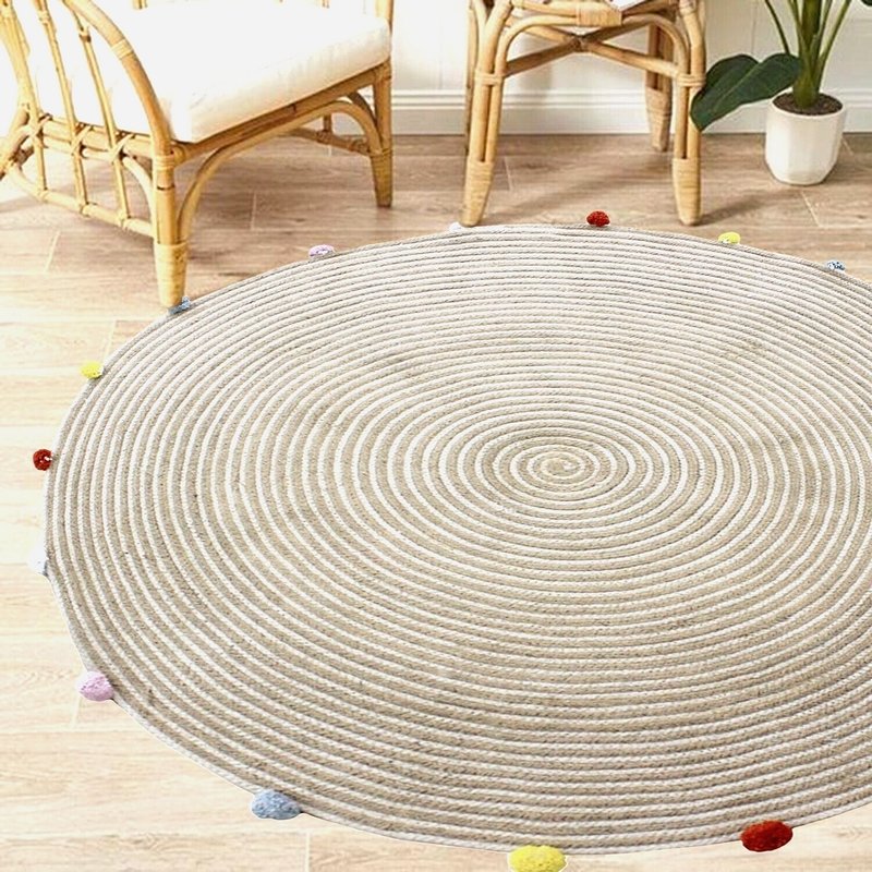 Round Woven Jute Cotton Multicolour Pompom Rug 120 cm - Home & Garden > Rugs - Rivercity House & Home Co. (ABN 18 642 972 209) - Affordable Modern Furniture Australia