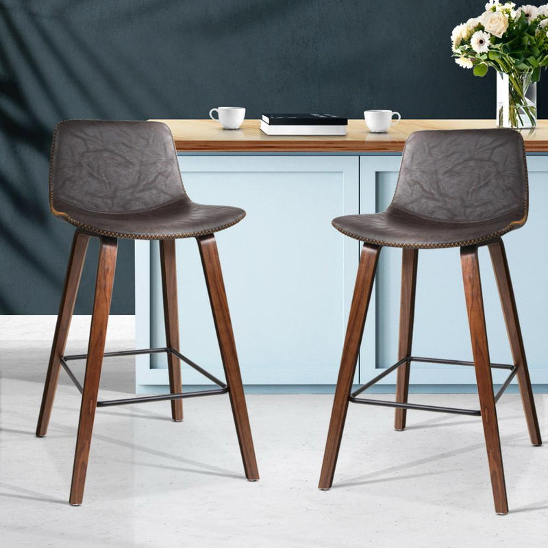Set of 2 PU Leather Bar Stools Square Footrest - Wood and Brown - Rivercity House & Home Co. (ABN 18 642 972 209) - Affordable Modern Furniture Australia