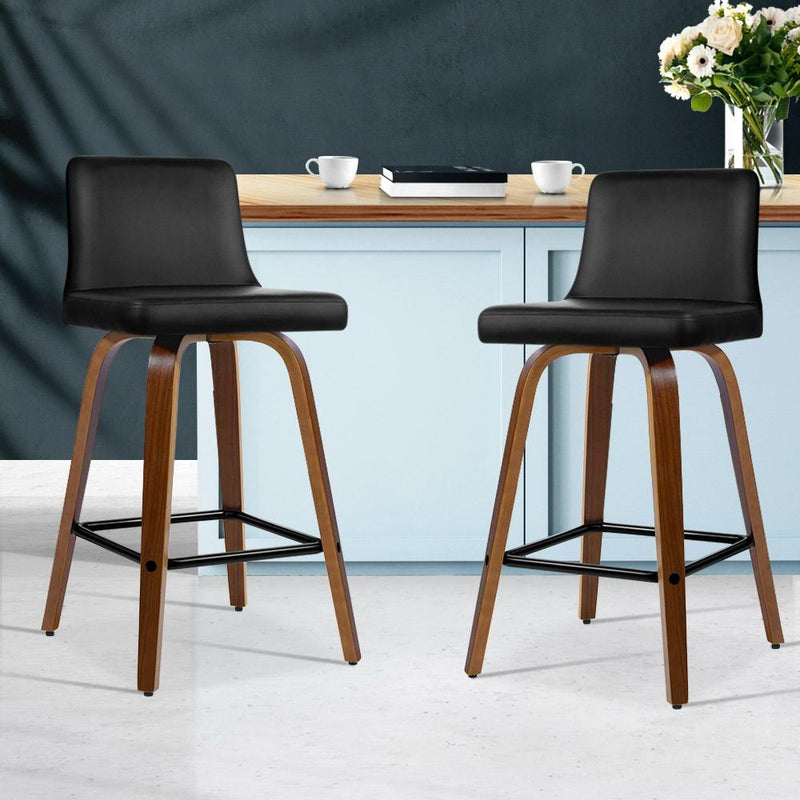 Set of 2 Wooden PU Leather Bar Stool - Black and Brown Wood Legs - Rivercity House & Home Co. (ABN 18 642 972 209) - Affordable Modern Furniture Australia