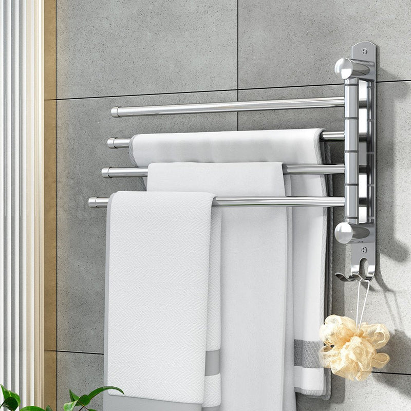 Stainless Steel Swivel Hook Towel Rail Rack: 4-Bar Wall Mounted Holder - Home & Garden > Bathroom Accessories - Rivercity House & Home Co. (ABN 18 642 972 209) - Affordable Modern Furniture Australia