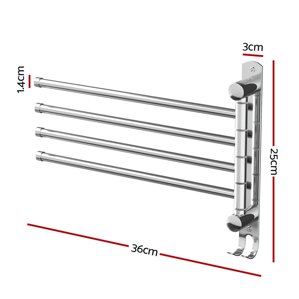 Stainless Steel Swivel Hook Towel Rail Rack: 4-Bar Wall Mounted Holder - Home & Garden > Bathroom Accessories - Rivercity House & Home Co. (ABN 18 642 972 209) - Affordable Modern Furniture Australia