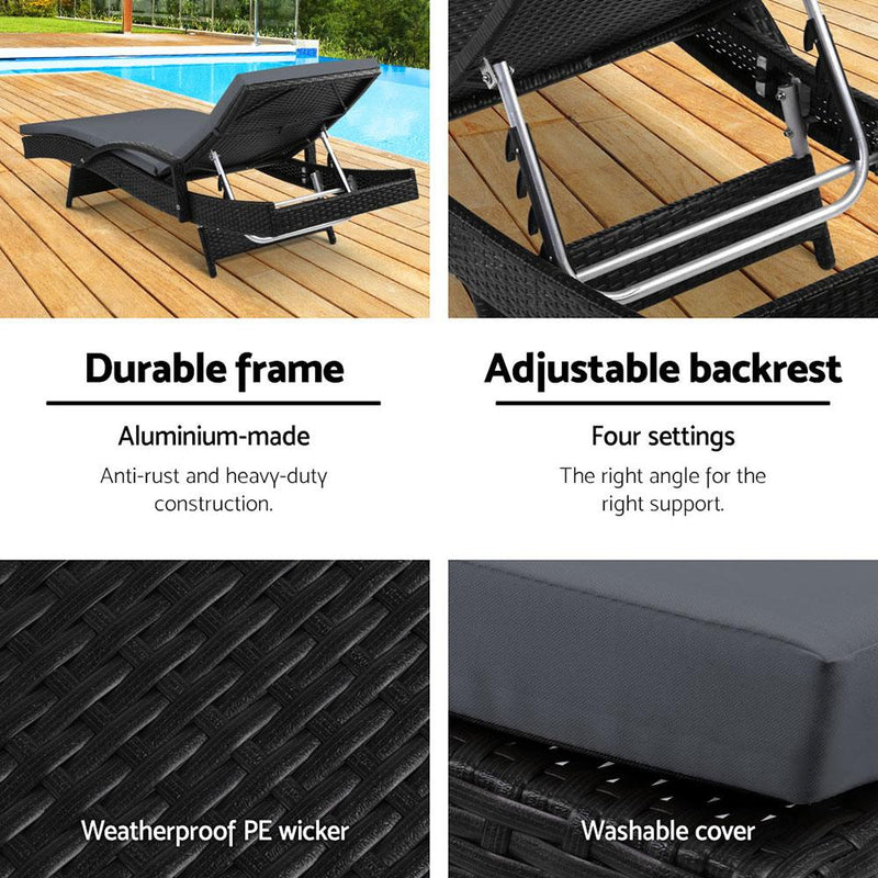 Twin Pack - Outdoor Sun Lounge Chairs with Cushions (Black) - Rivercity House & Home Co. (ABN 18 642 972 209) - Affordable Modern Furniture Australia