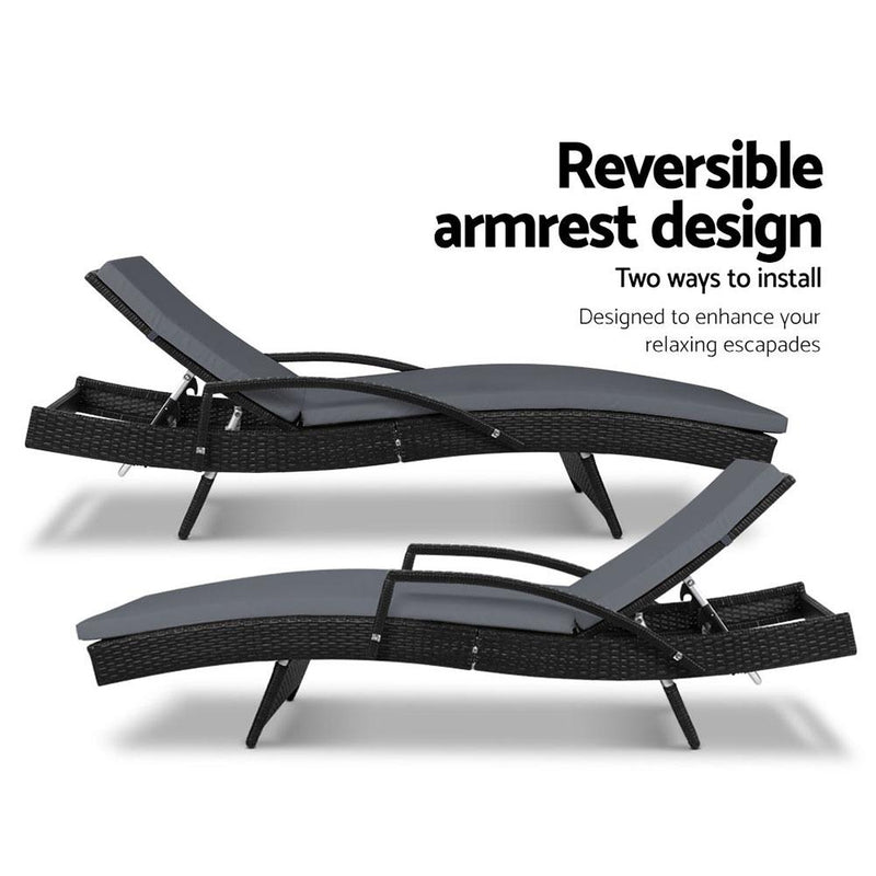 Twin Pack - Outdoor Sun Lounge Chairs with Cushions (Black) - Rivercity House & Home Co. (ABN 18 642 972 209) - Affordable Modern Furniture Australia
