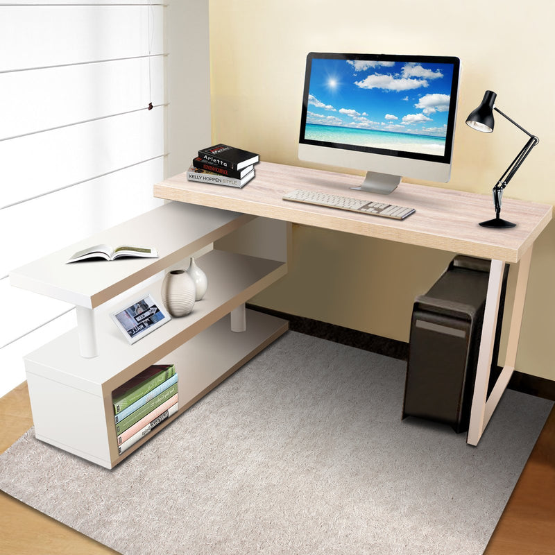 White Oak Rotary Corner Desk with Bookshelf - Furniture - Rivercity House & Home Co. (ABN 18 642 972 209) - Affordable Modern Furniture Australia