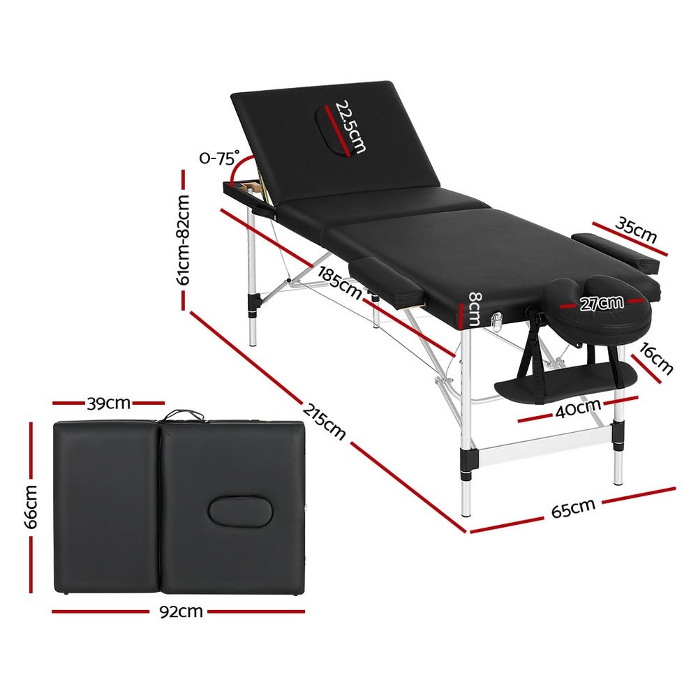 Massage Table 65cm Portable 3 Fold Aluminium Beauty Bed Black - Health & Beauty > Massage - Rivercity House & Home Co. (ABN 18 642 972 209) - Affordable Modern Furniture Australia