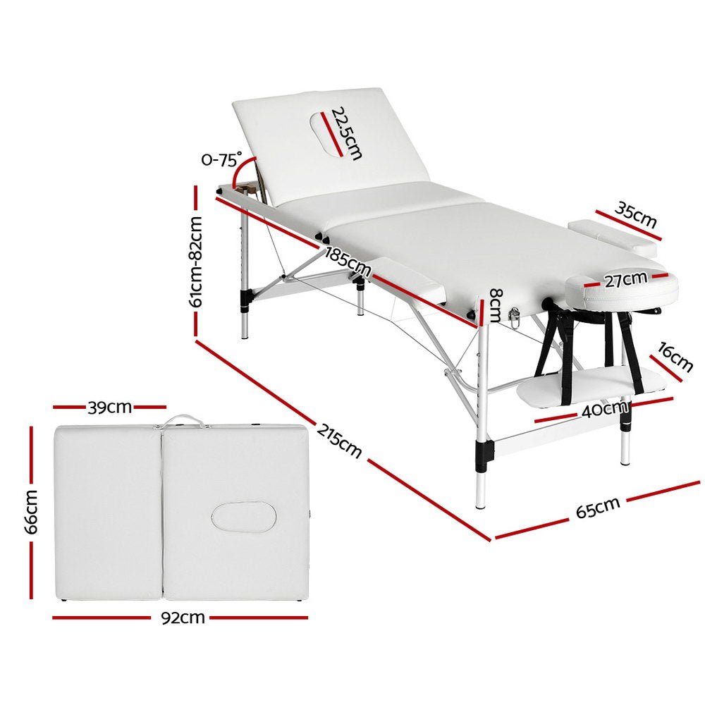 Massage Table 65cm Portable 3 Fold Aluminium Beauty Bed White - Health & Beauty > Massage - Rivercity House & Home Co. (ABN 18 642 972 209) - Affordable Modern Furniture Australia